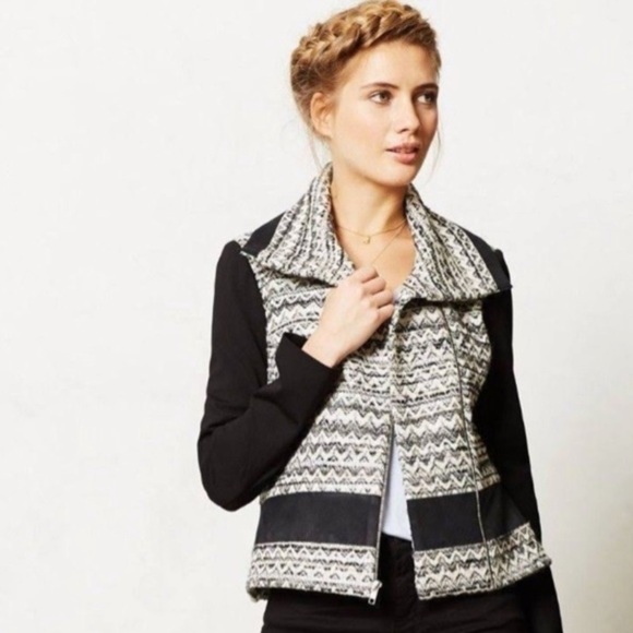Anthropologie Elevenses Womens Textured Tweed Moto Jacket Zip Front Cotton Blend - Picture 1 of 9